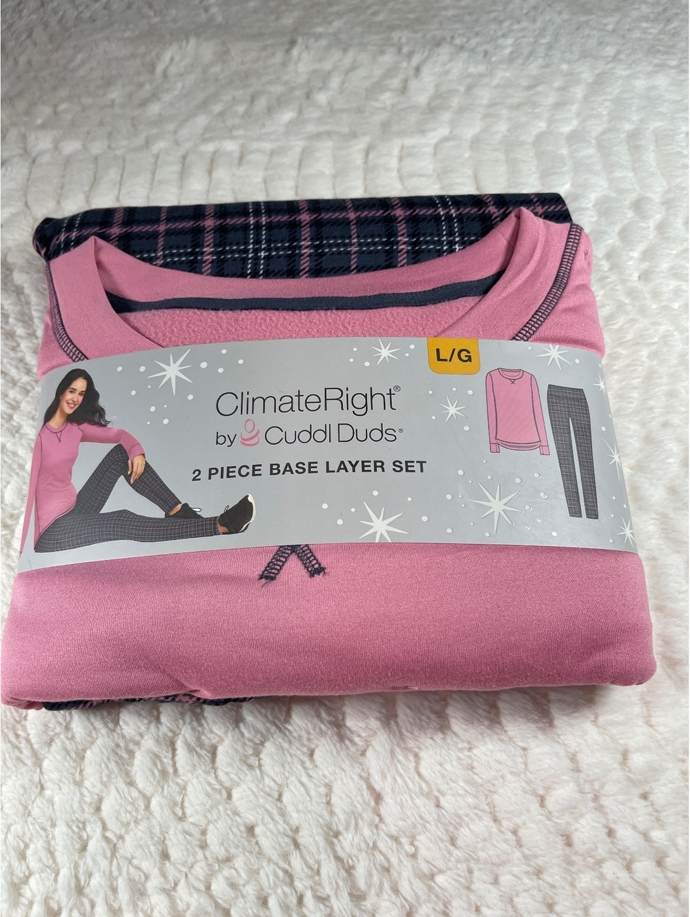 ClimateRight by Cuddl Duds 2 Piece Base Layer Set - Grey Tartan, Size L/G
